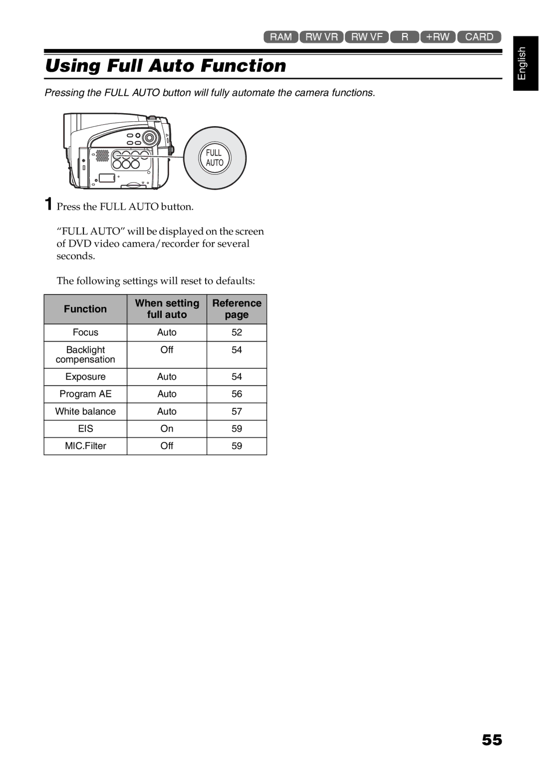 Hitachi DZ-GX5020A, DZ-GX5080A, DZ-GX5000A Using Full Auto Function, Function When setting Reference, Focus 