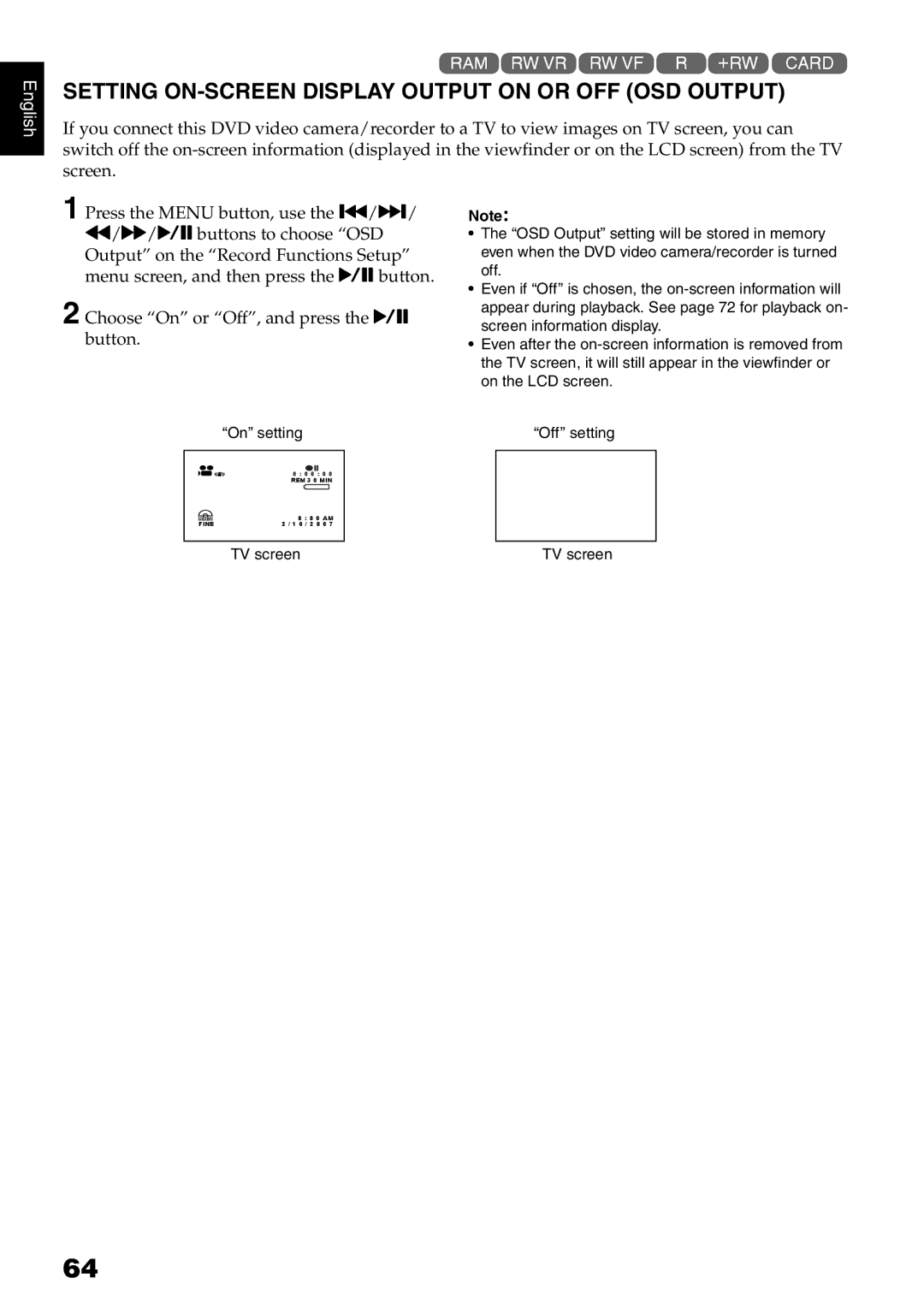 Hitachi DZ-GX5020A, DZ-GX5080A, DZ-GX5000A instruction manual Setting ON-SCREEN Display Output on or OFF OSD Output 