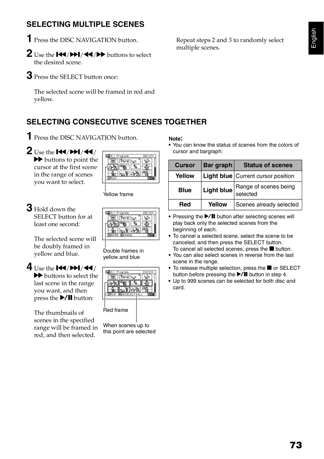 Hitachi DZ-GX5020A Selecting Multiple Scenes, Selecting Consecutive Scenes Together, Cursor Bar graph Status of scenes 