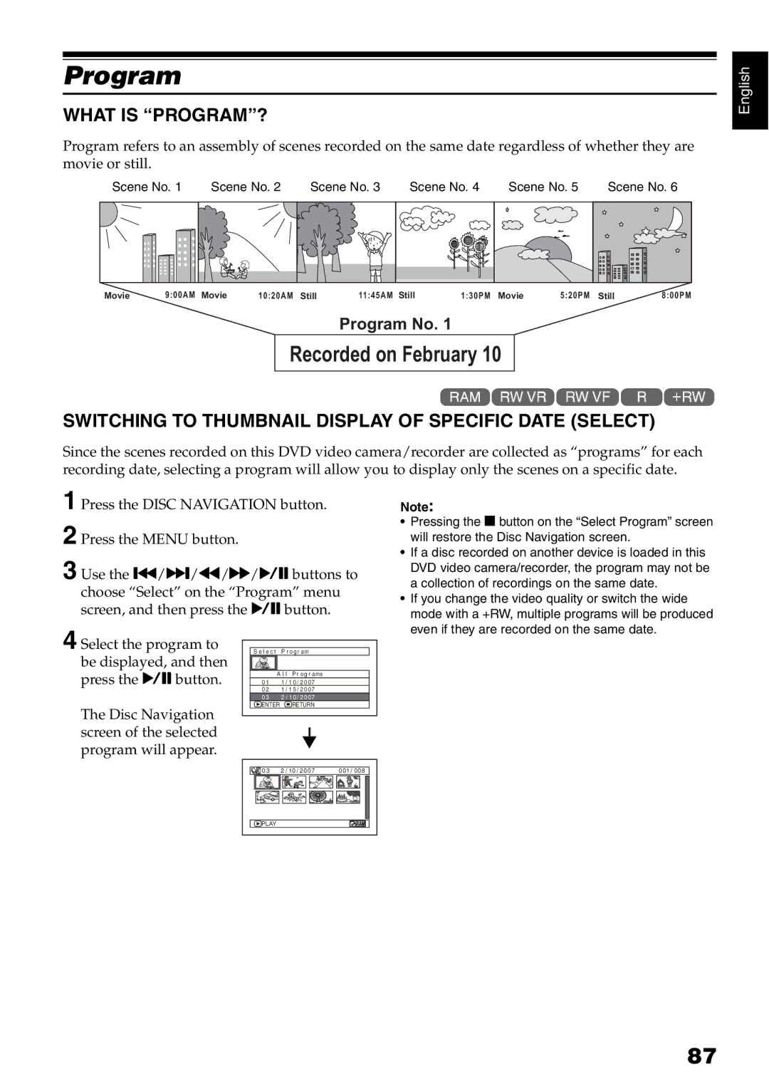 Hitachi DZ-GX5080A, DZ-GX5020A Program, What is PROGRAM?, Switching to Thumbnail Display of Specific Date Select 