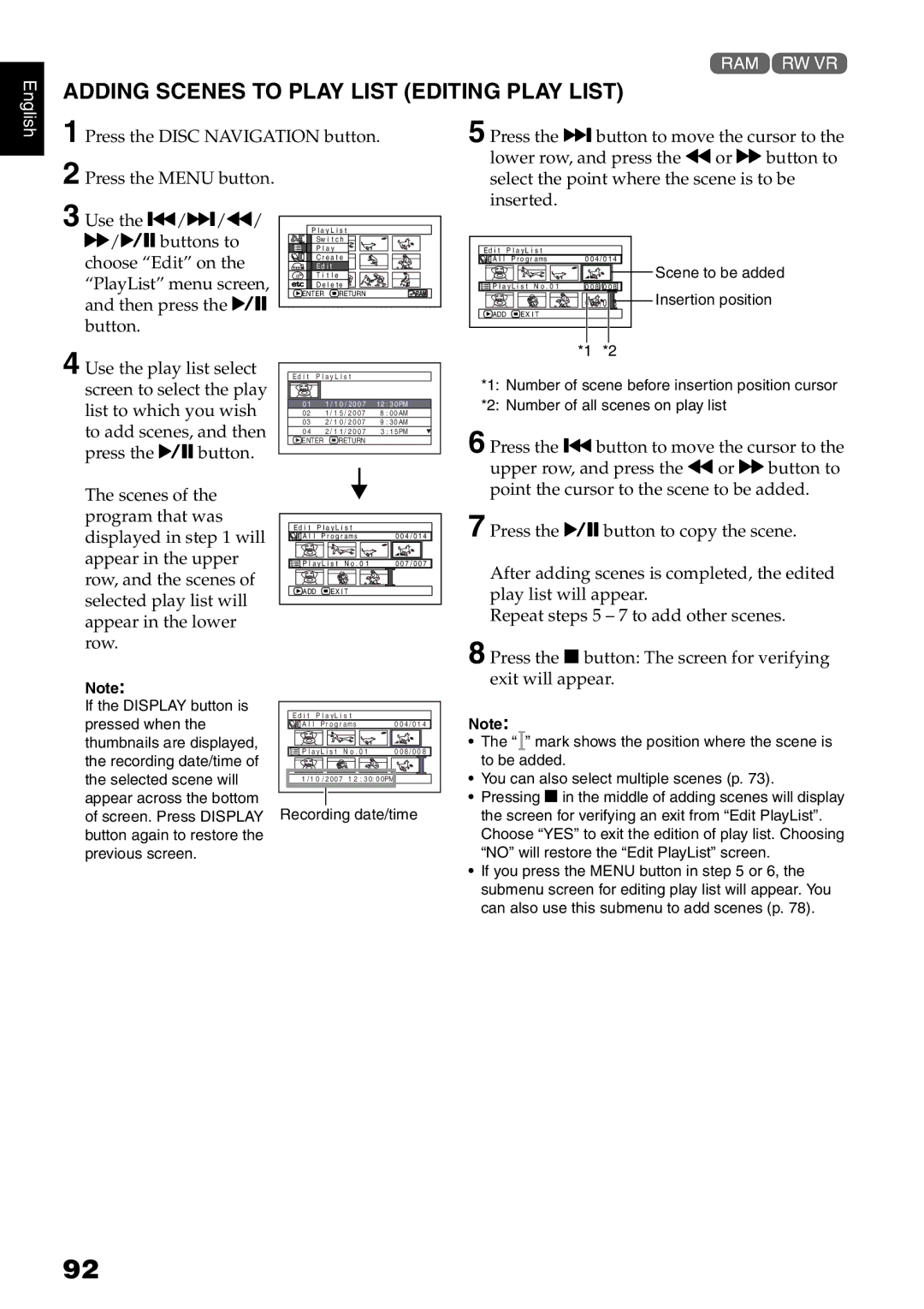 Hitachi DZ-GX5000A, DZ-GX5080A, DZ-GX5020A instruction manual Adding Scenes to Play List Editing Play List 