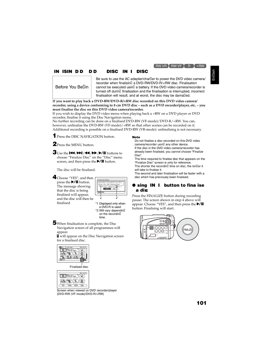 Hitachi DZ-GX5060SW 101, Finalising DVD-RW/DVD-R/+RW Disc Finalize Disc, Using Finalize button to finalise a disc 