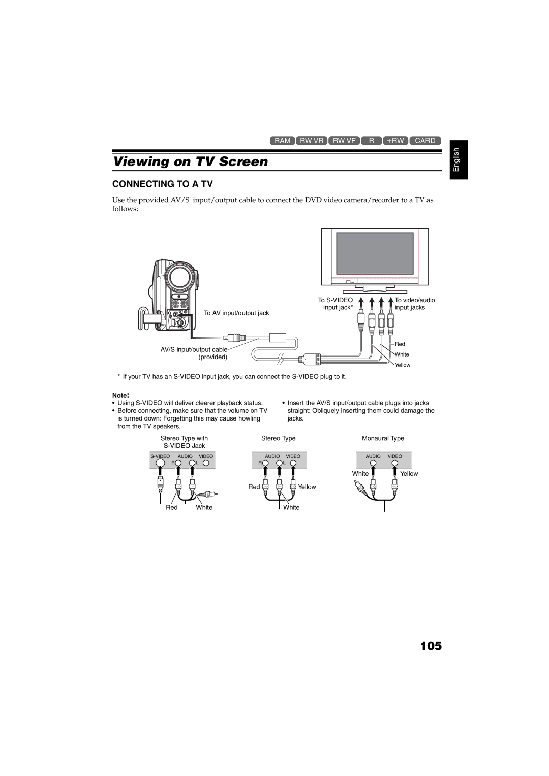 Hitachi DZ-GX5060SW, DZ-GX5100SW instruction manual Viewing on TV Screen, 105, Connecting to a TV 