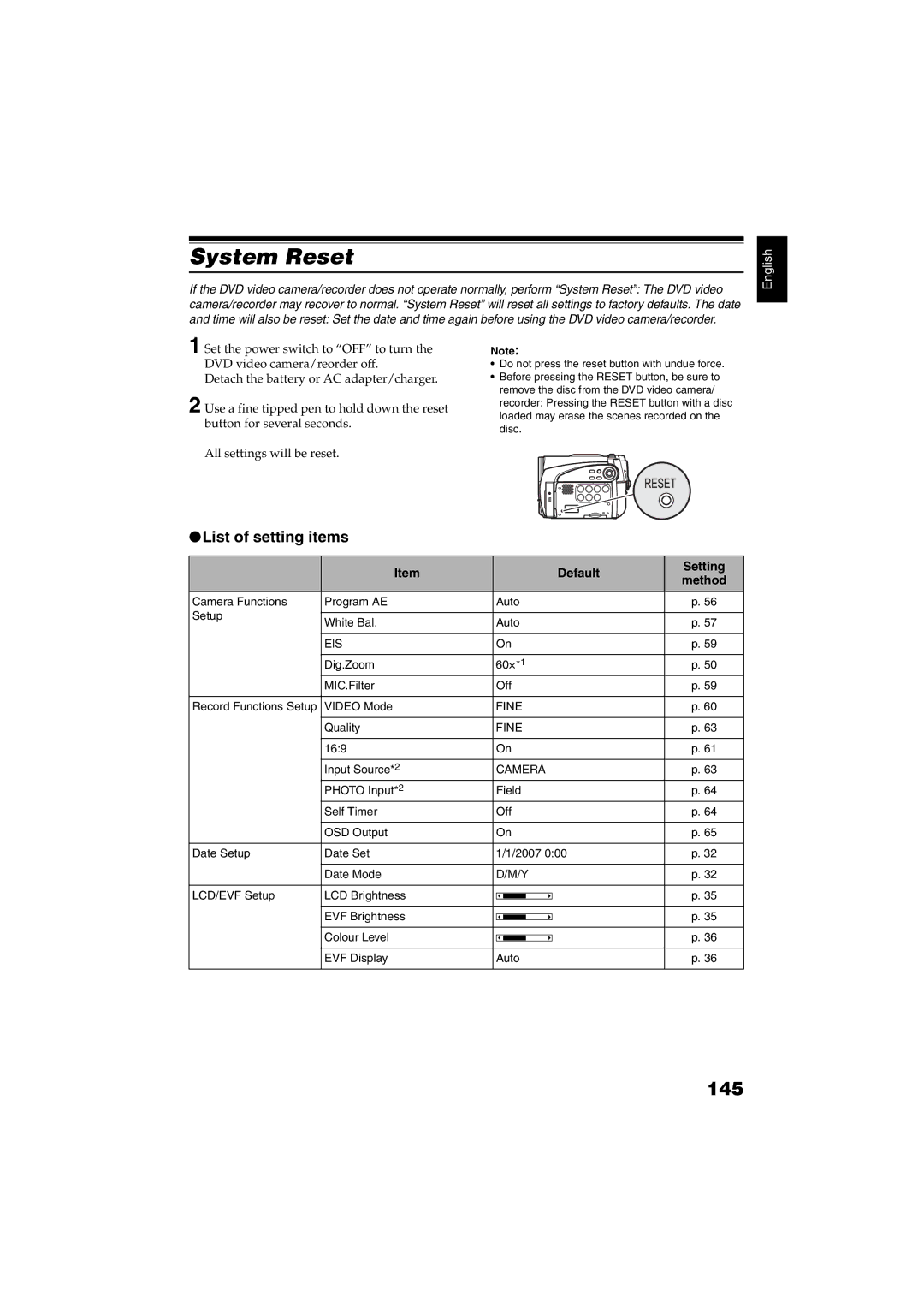 Hitachi DZ-GX5060SW, DZ-GX5100SW instruction manual System Reset, 145, List of setting items, Default Setting 