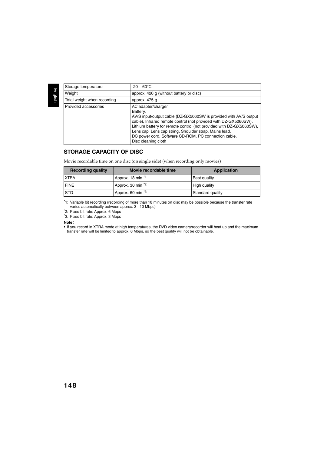 Hitachi DZ-GX5100SW, DZ-GX5060SW 148, Storage Capacity of Disc, Recording quality Movie recordable time Application 