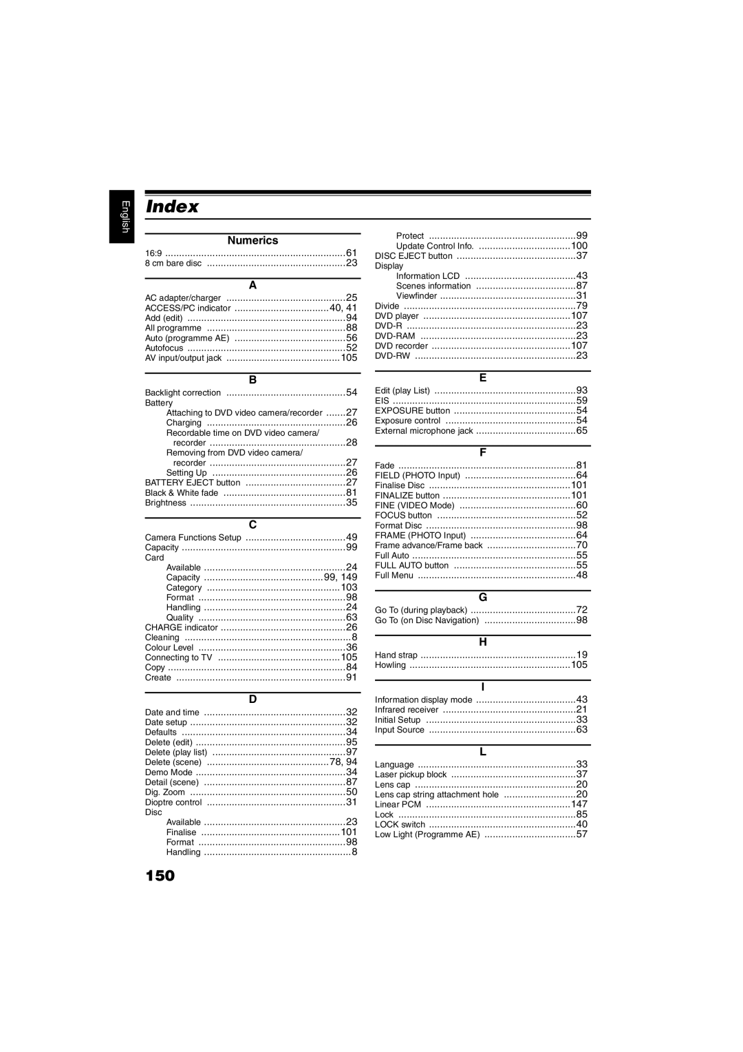 Hitachi DZ-GX5100SW, DZ-GX5060SW instruction manual Index, 150 