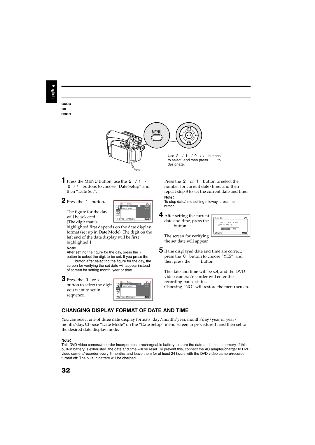 Hitachi DZ-GX5100SW, DZ-GX5060SW instruction manual Setting Date and Time, Changing Display Format of Date and Time 