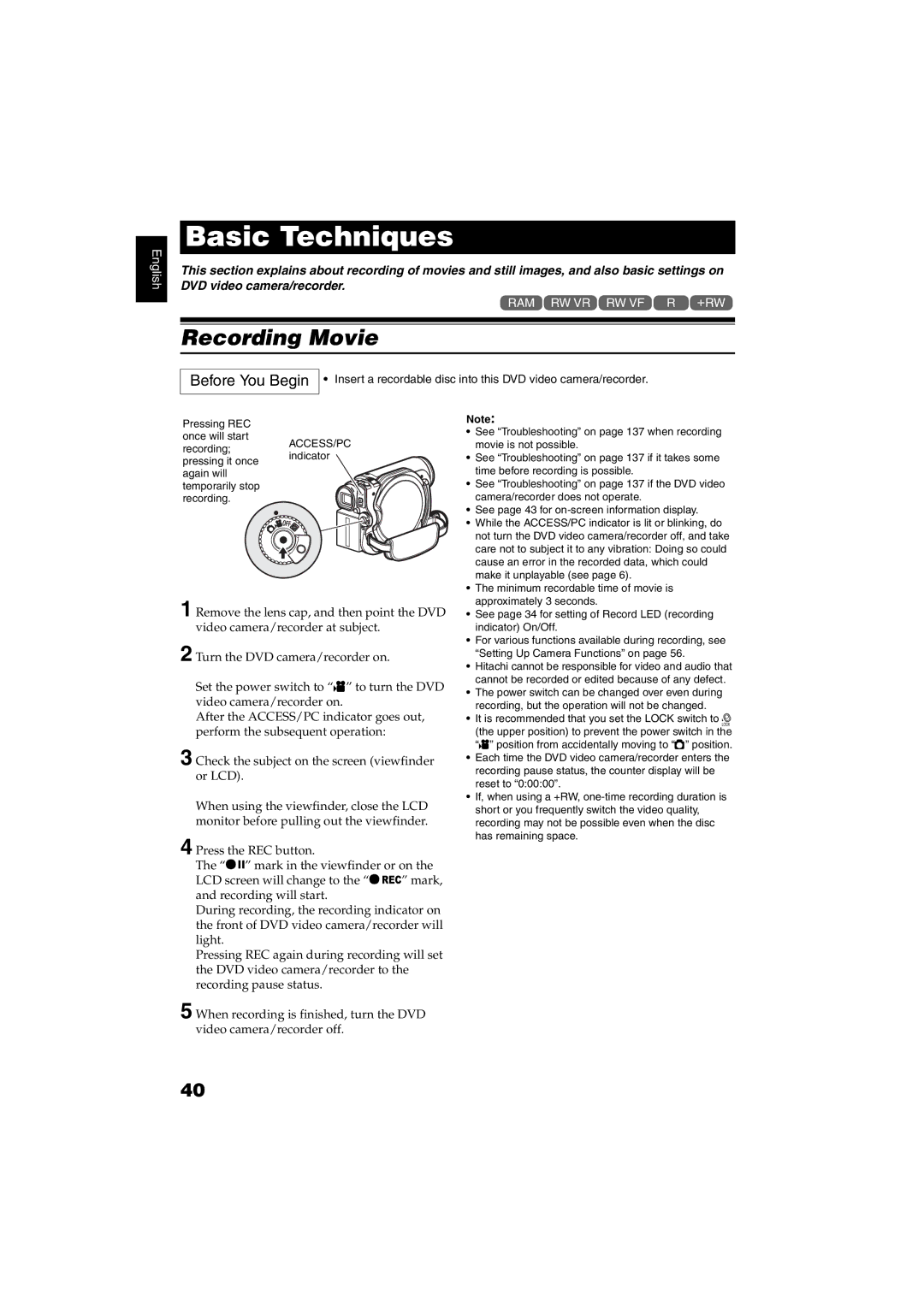 Hitachi DZ-GX5100SW, DZ-GX5060SW instruction manual Basic Techniques, Recording Movie 