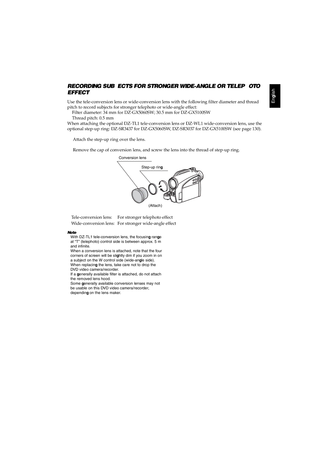 Hitachi DZ-GX5060SW, DZ-GX5100SW instruction manual Conversion lens Step-up ring Attach 