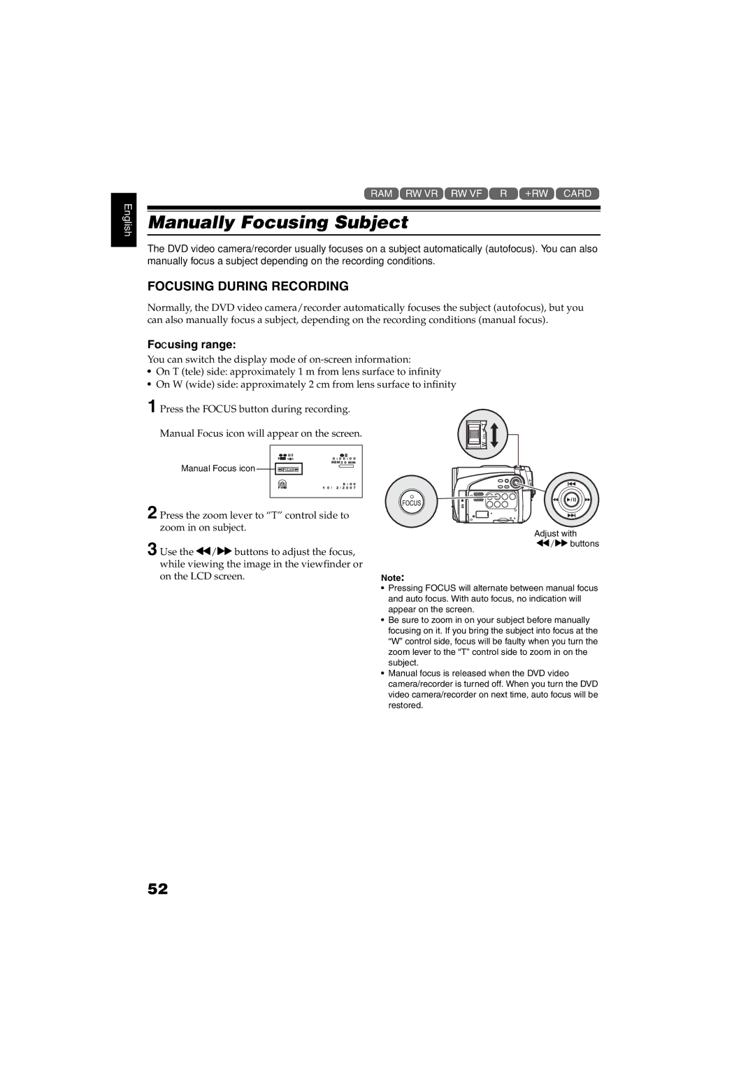 Hitachi DZ-GX5100SW, DZ-GX5060SW instruction manual Manually Focusing Subject, Focusing During Recording, Focusing range 