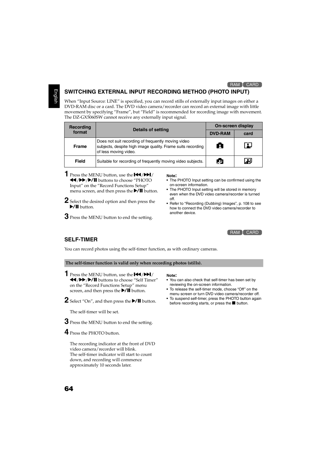 Hitachi DZ-GX5100SW, DZ-GX5060SW instruction manual Switching External Input Recording Method Photo Input, Self-Timer, Card 