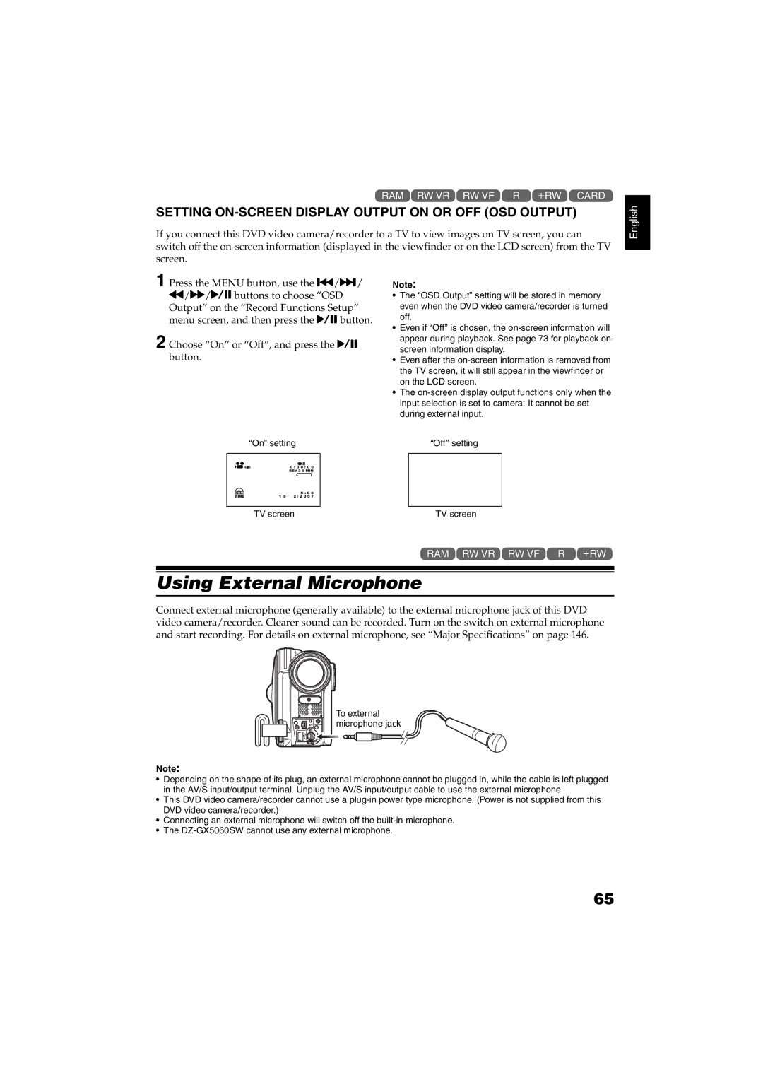 Hitachi DZ-GX5060SW, DZ-GX5100SW Using External Microphone, Setting ON-SCREEN Display Output on or OFF OSD Output 