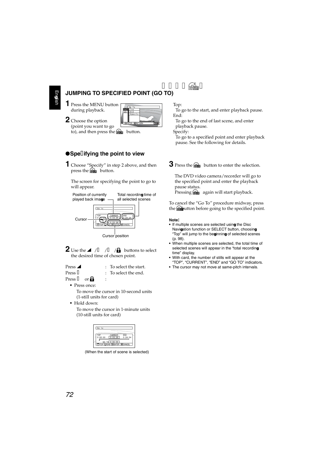 Hitachi DZ-GX5100SW, DZ-GX5060SW instruction manual Jumping to Specified Point GO to, Specifying the point to view 