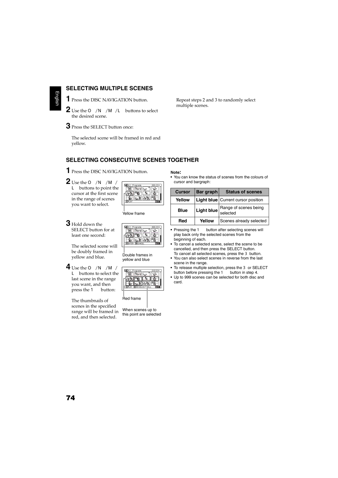 Hitachi DZ-GX5100SW Selecting Multiple Scenes, Selecting Consecutive Scenes Together, Cursor Bar graph Status of scenes 