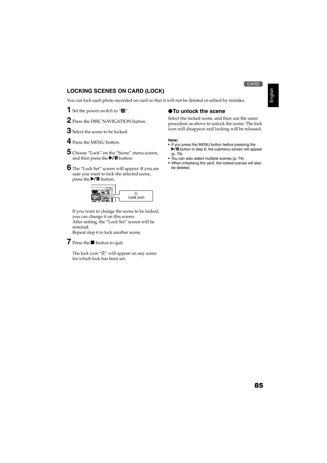 Hitachi DZ-GX5060SW, DZ-GX5100SW instruction manual Locking Scenes on Card Lock, To unlock the scene 