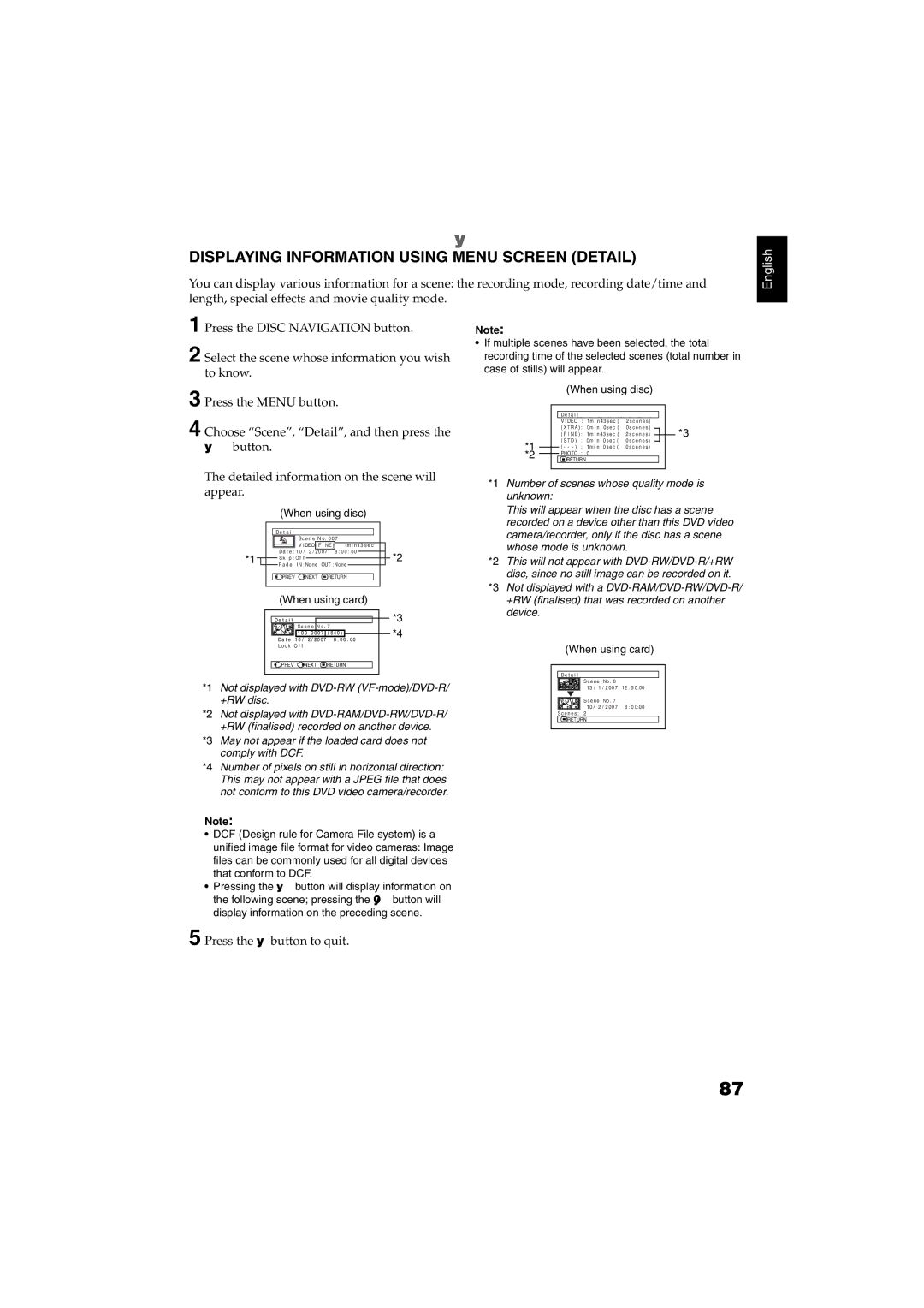 Hitachi DZ-GX5060SW, DZ-GX5100SW instruction manual Displaying Information Using Menu Screen Detail, When using disc 