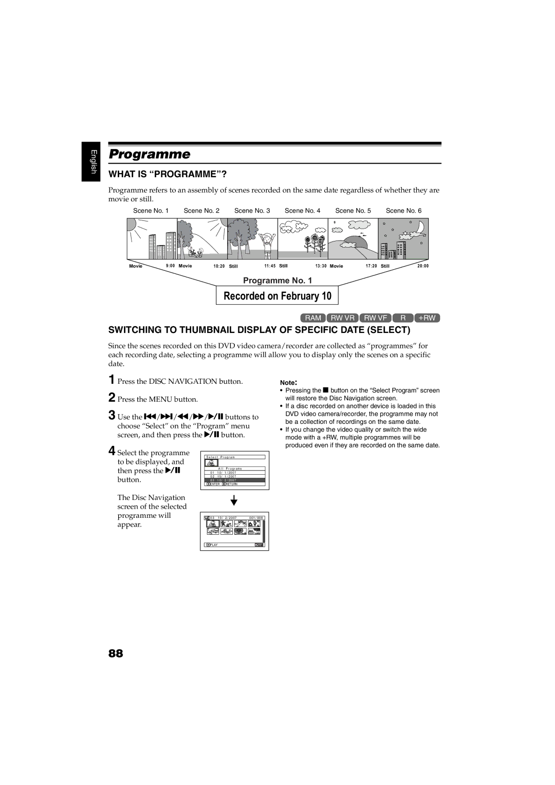 Hitachi DZ-GX5100SW, DZ-GX5060SW Programme, What is PROGRAMME?, Switching to Thumbnail Display of Specific Date Select 