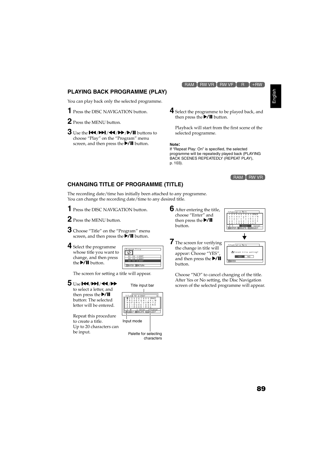 Hitachi DZ-GX5060SW, DZ-GX5100SW instruction manual Playing Back Programme Play, Changing Title of Programme Title 