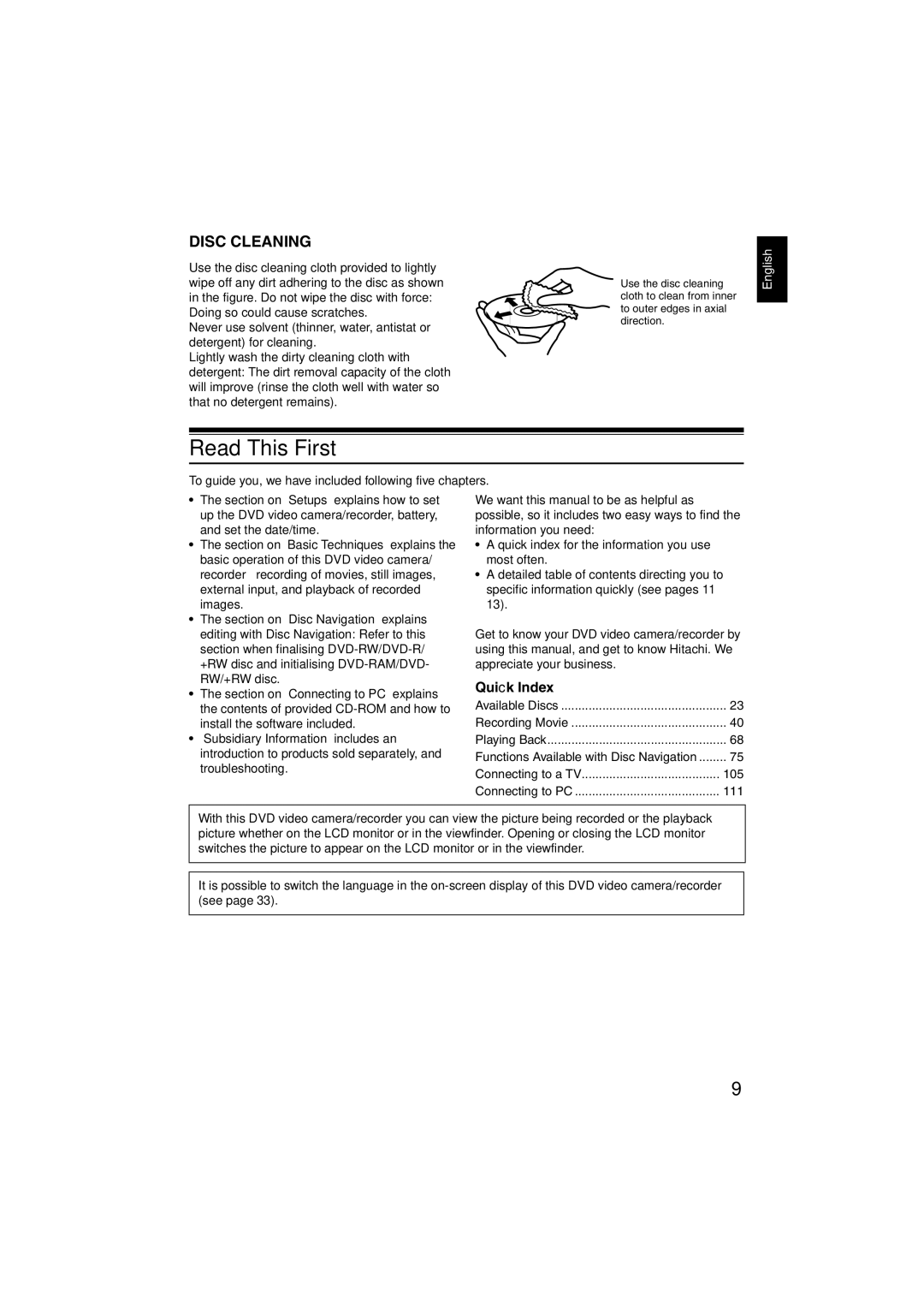 Hitachi DZ-GX5060SW, DZ-GX5100SW instruction manual Read This First, Disc Cleaning, Quick Index 