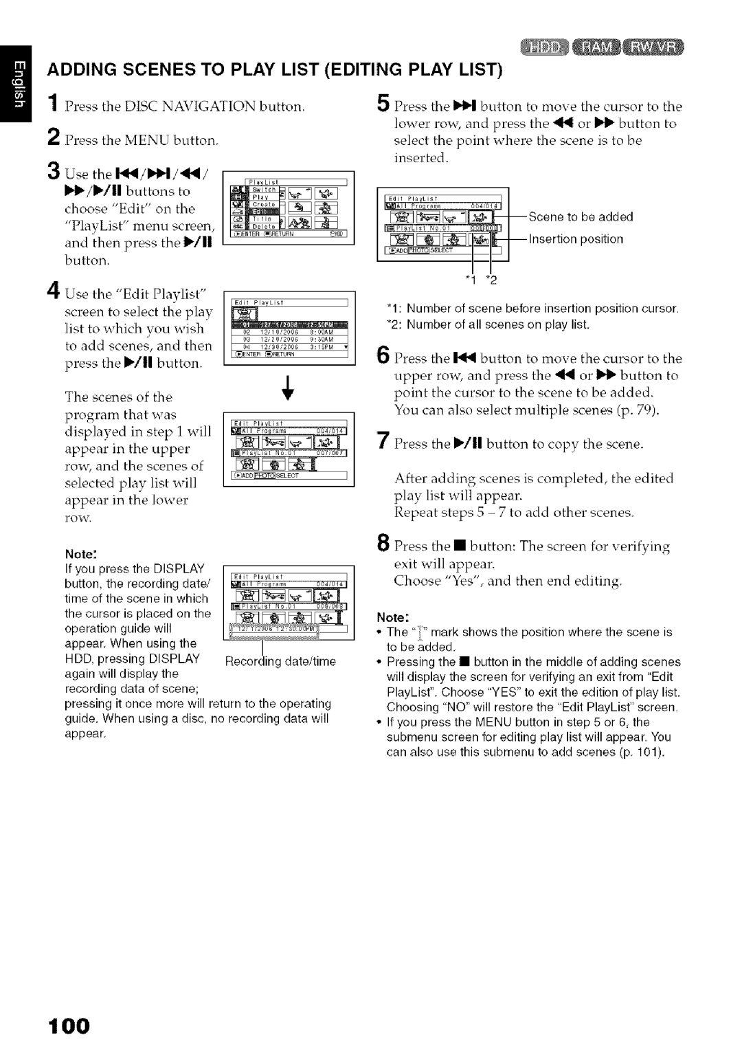 Hitachi DZ-HS3OOA instruction manual 100, Adding Scenes to Play List Editing Play List, Eiqinsertion position 