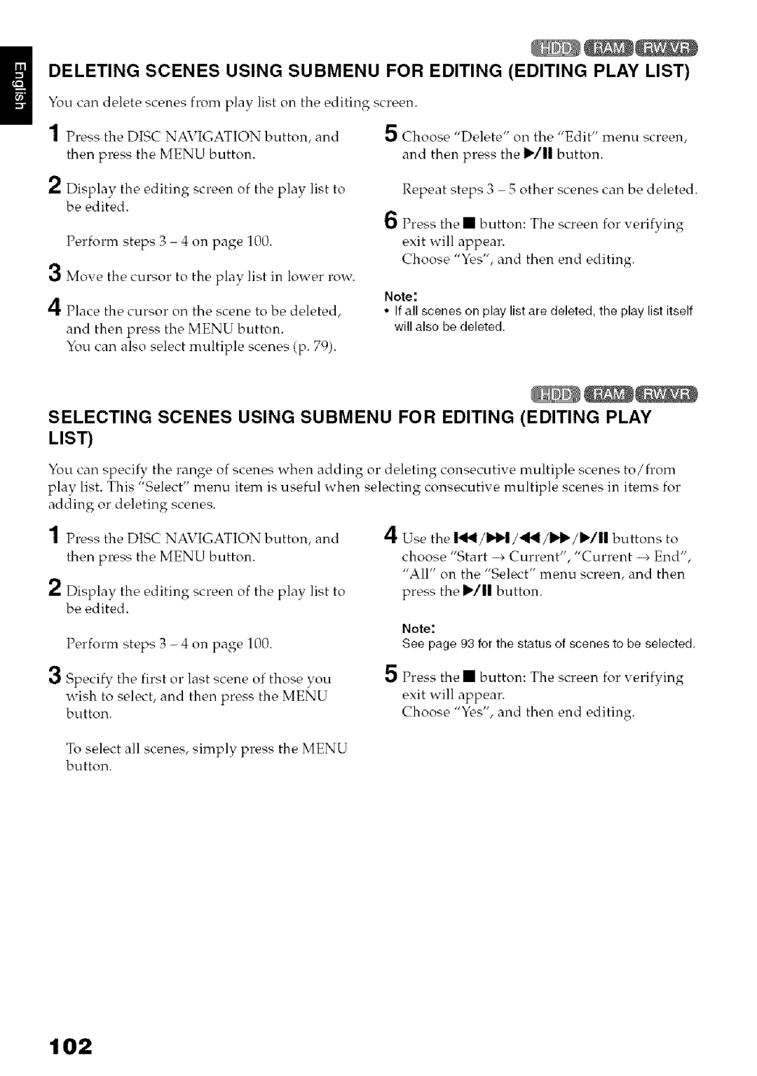 Hitachi DZ-HS3OOA 102, Deleting Scenes Using Submenu for Editing Editing Play List, Then Press Menu button 