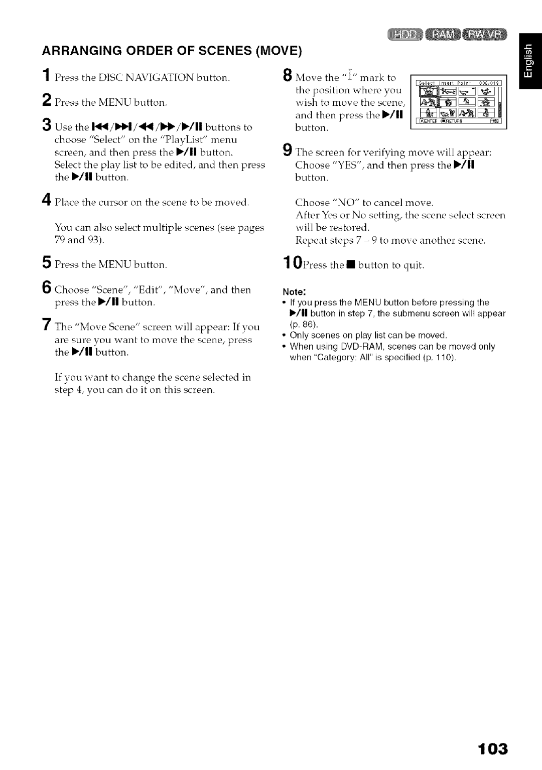 Hitachi DZ-HS3OOA instruction manual 103, Arranging Order of Scenes Move 