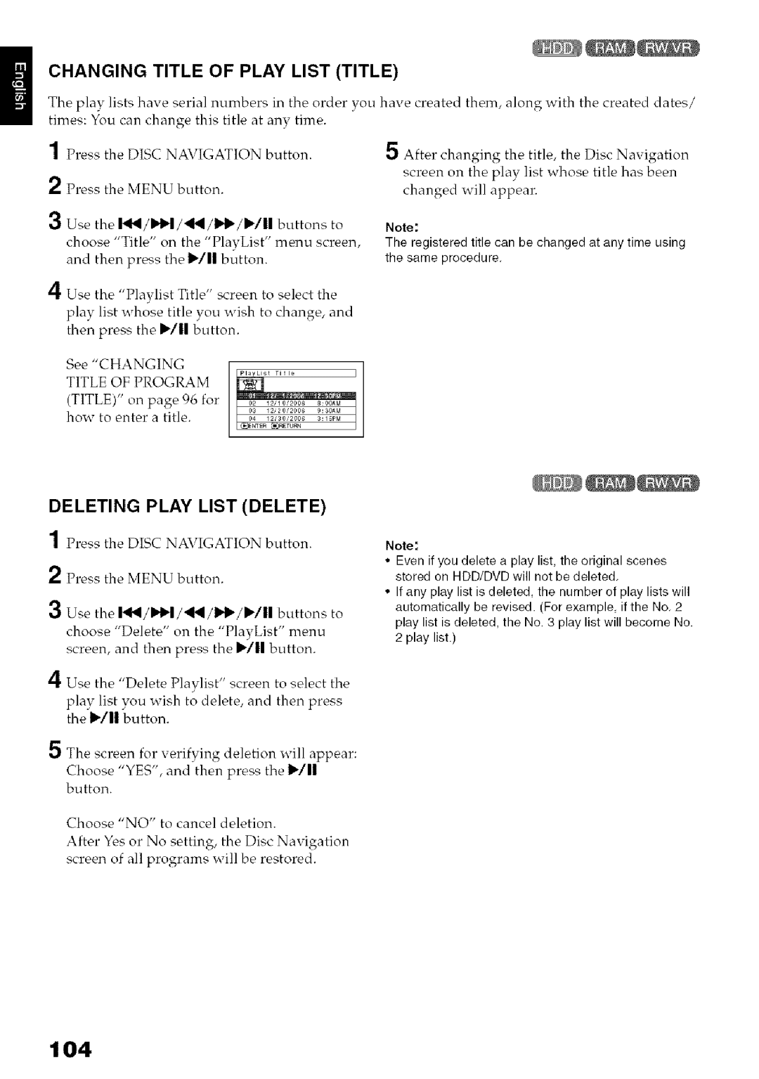 Hitachi DZ-HS3OOA instruction manual 104, Changing Title of Play List Title, Deleting Play List Delete, See Changing 