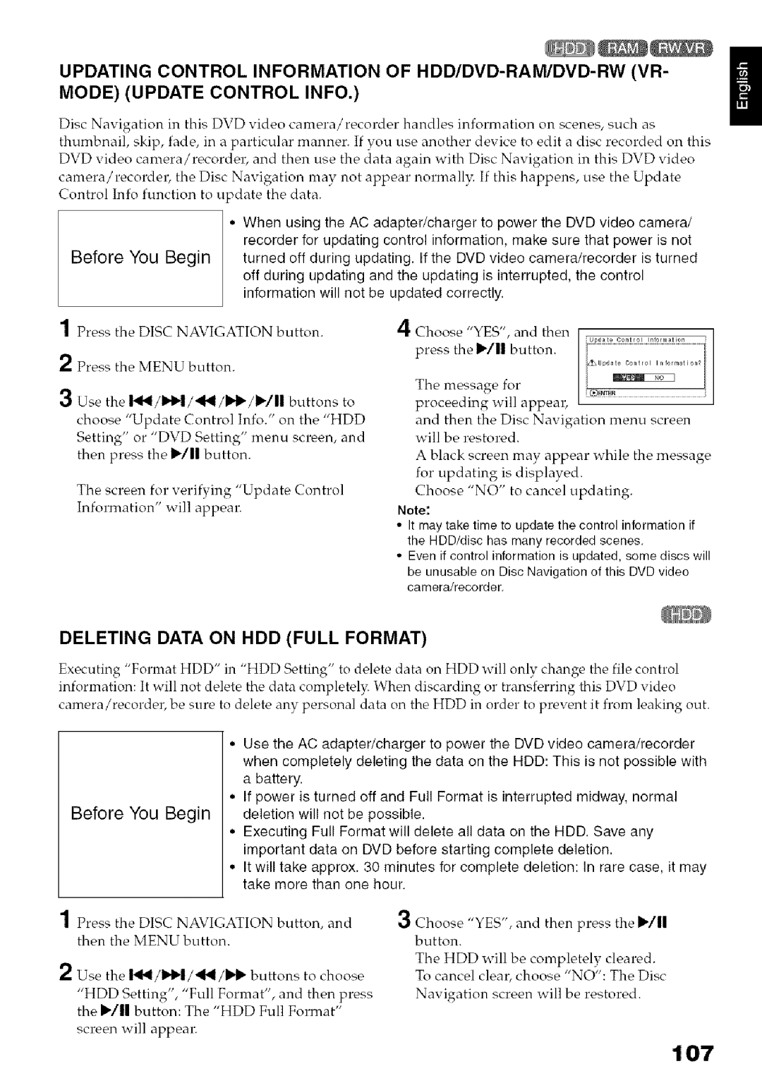 Hitachi DZ-HS3OOA instruction manual 107, Deleting Data on HDD Full Format 