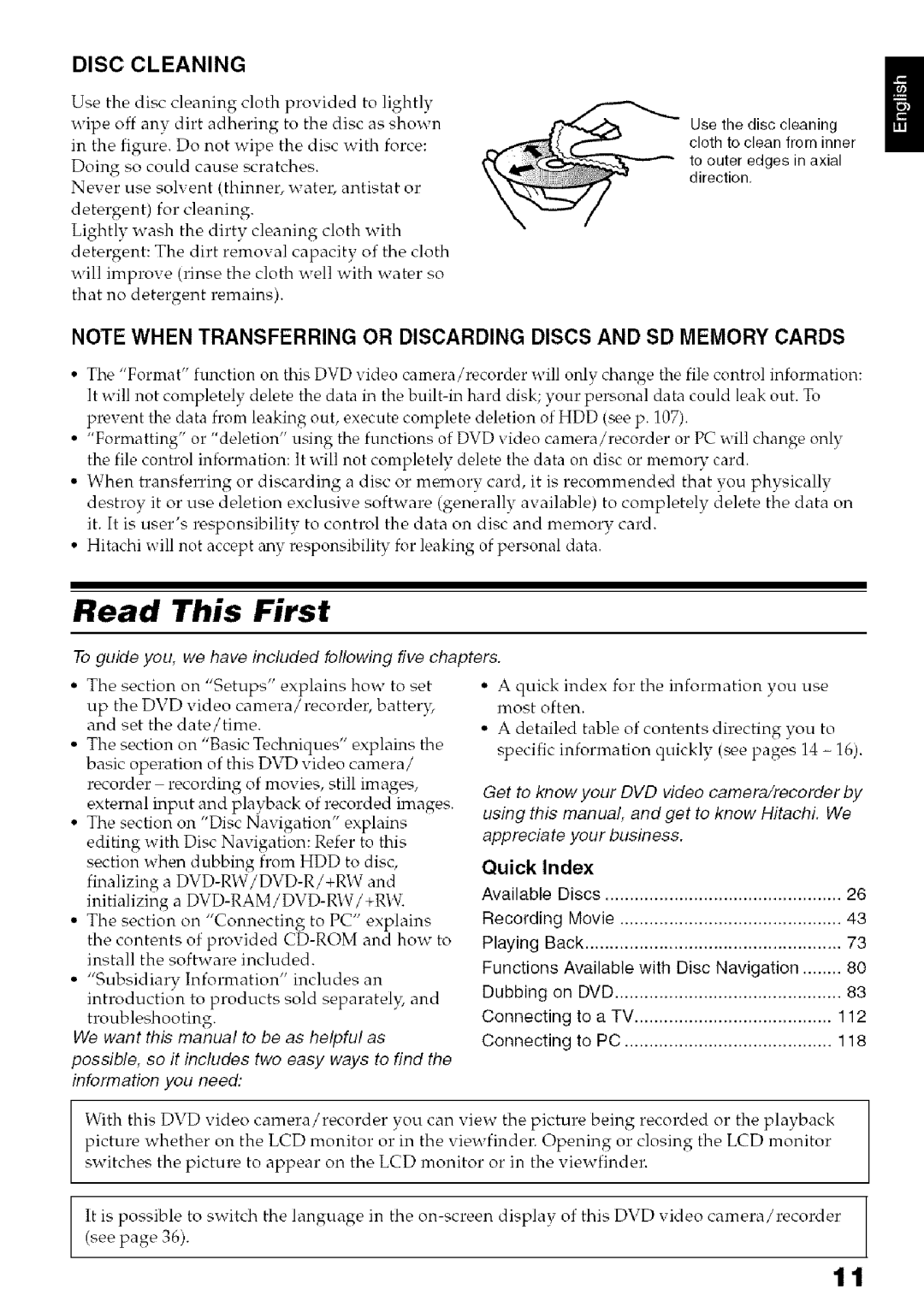 Hitachi DZ-HS3OOA instruction manual Read This First, Disc Cleaning, Quick Index 