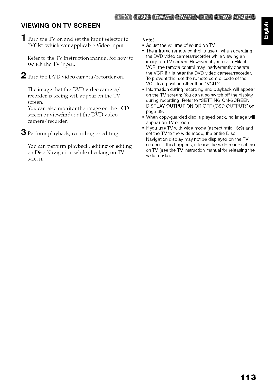 Hitachi DZ-HS3OOA instruction manual 113, Viewing on TV Screen 