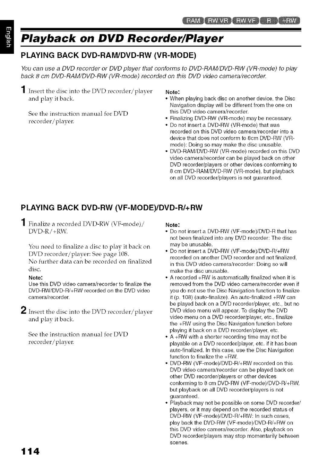 Hitachi DZ-HS3OOA instruction manual Playback on DVD Recorder/Player, 114, Playing Back DVD-RAM/DVD-RW VR-MODE 