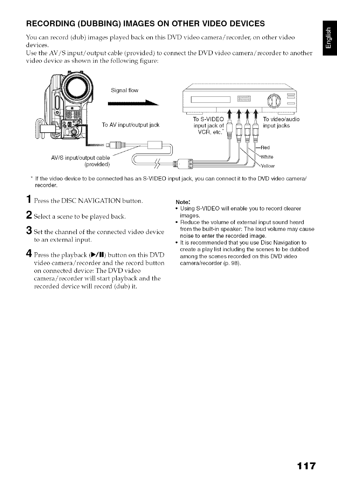 Hitachi DZ-HS3OOA instruction manual 117, Recording Dubbing Images on Other Video Devices 