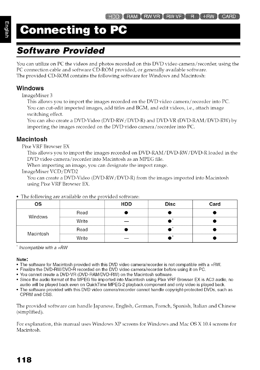 Hitachi DZ-HS3OOA instruction manual Software Provided, 118, Windows, Macintosh 