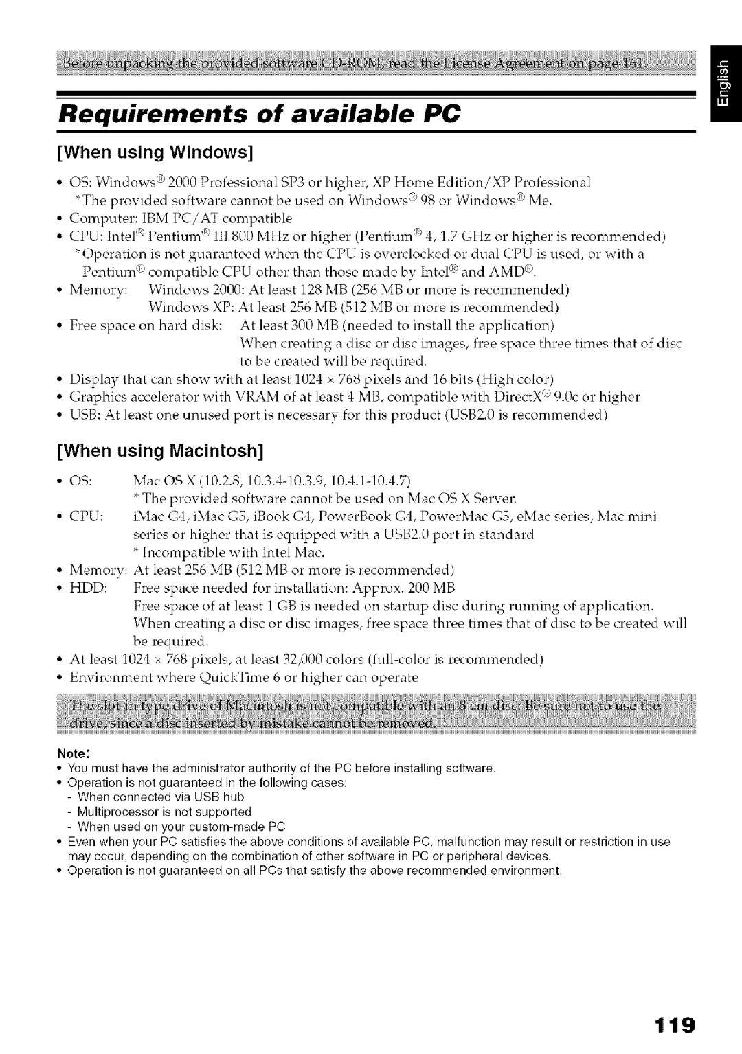 Hitachi DZ-HS3OOA instruction manual Requirements of available PC, 119, When using Windows, Using 