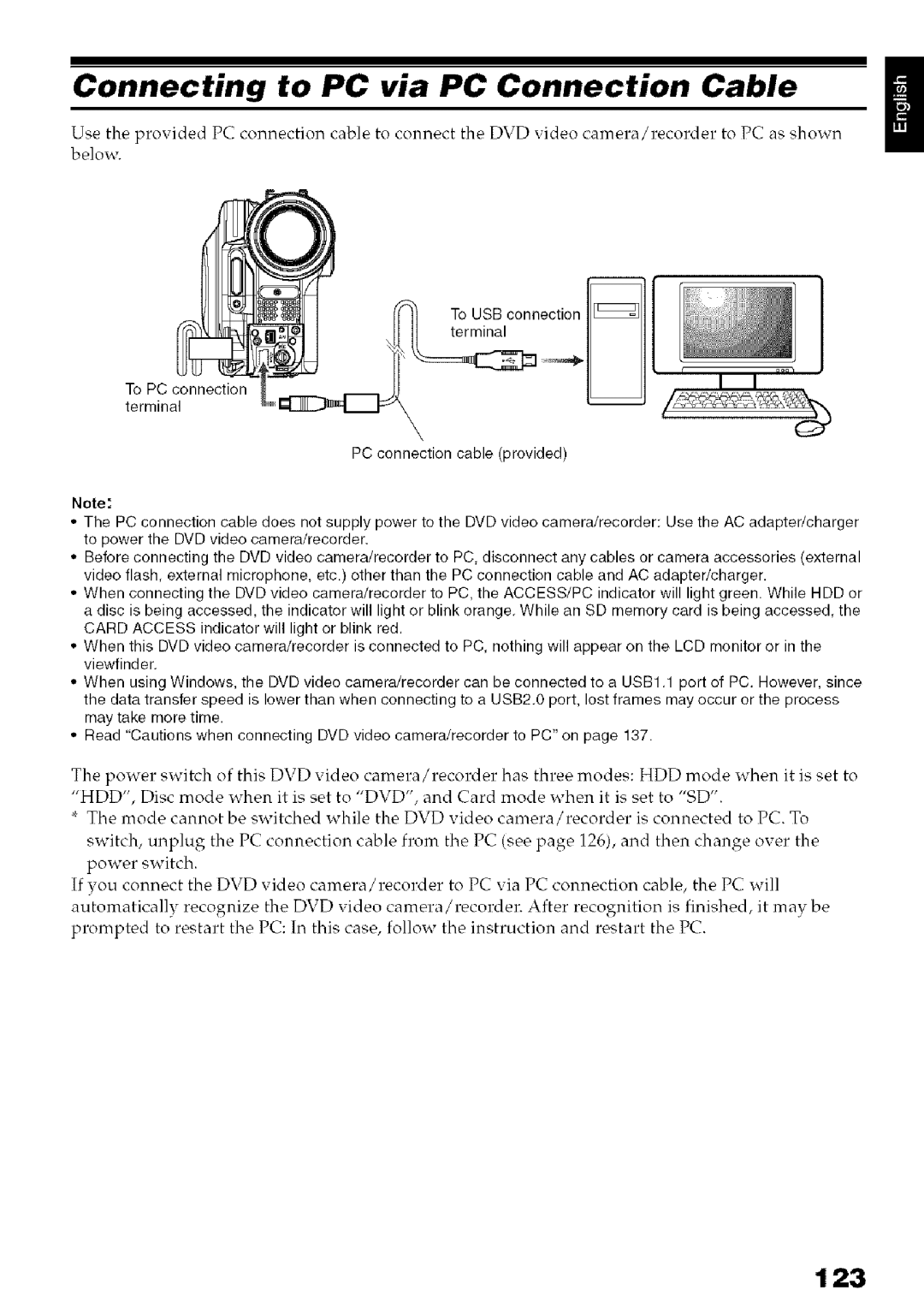 Hitachi DZ-HS3OOA instruction manual Connecting to PC via PC Connection Cable, 123 