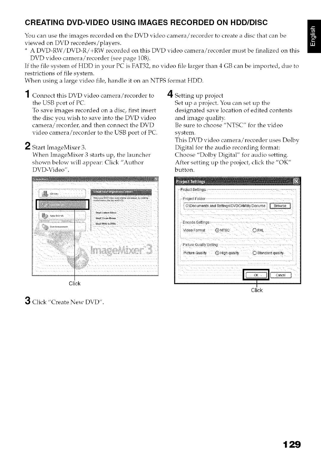 Hitachi DZ-HS3OOA instruction manual 129, Creating DVD-VIDEO Using Images Recorded on HDD/DISC, Click Create New DVD 