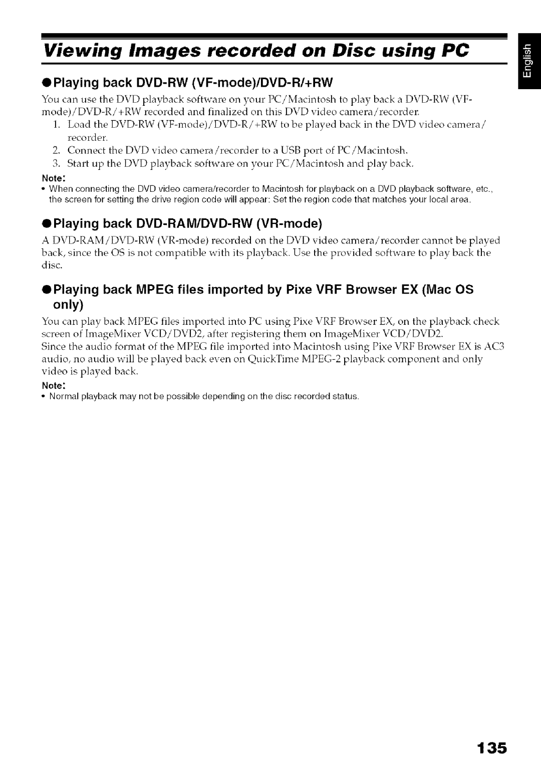 Hitachi DZ-HS3OOA instruction manual Viewing Images recorded on Disc using PC, 135, Playing back DVD-RWVF-mode/DVD-R/+RW 