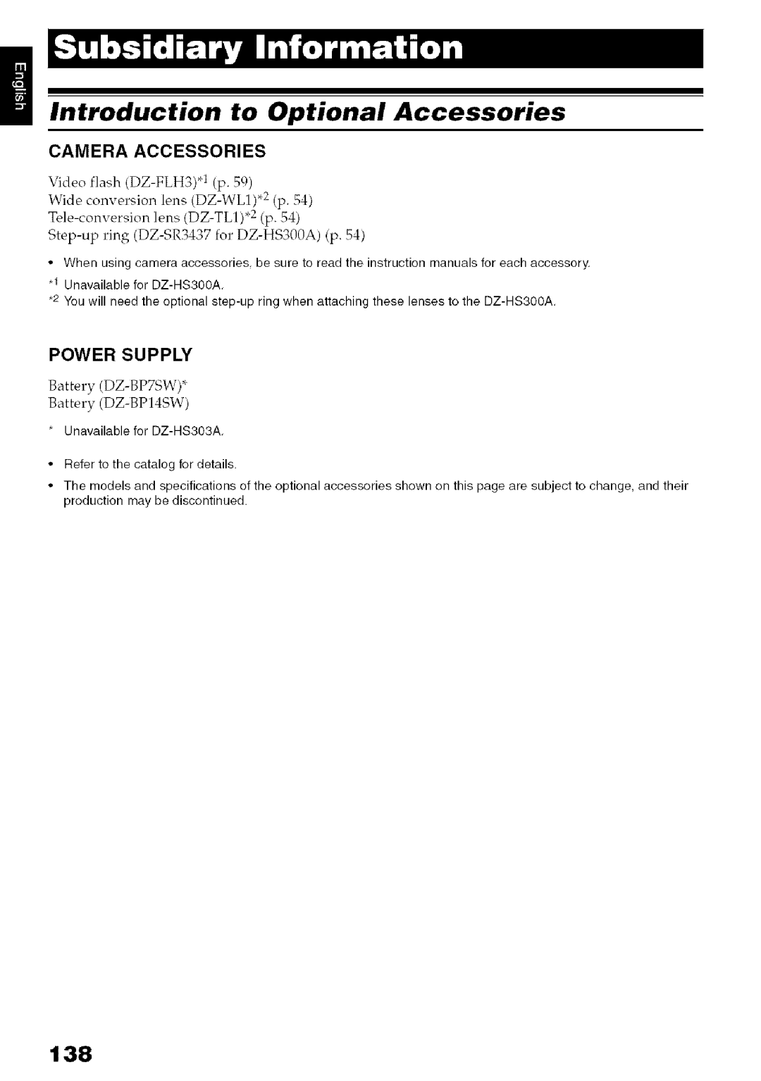 Hitachi DZ-HS3OOA instruction manual Introduction to Optional Accessories, 138, Camera Accessories, Power Supply 