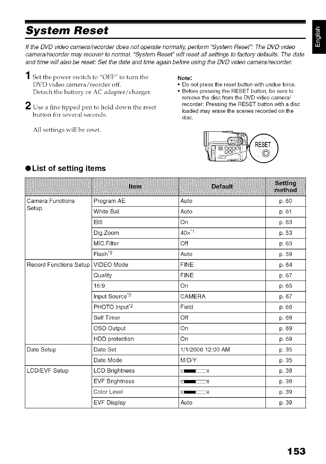 Hitachi DZ-HS3OOA instruction manual System Reset, 153, List of setting items, All settings will be reset 