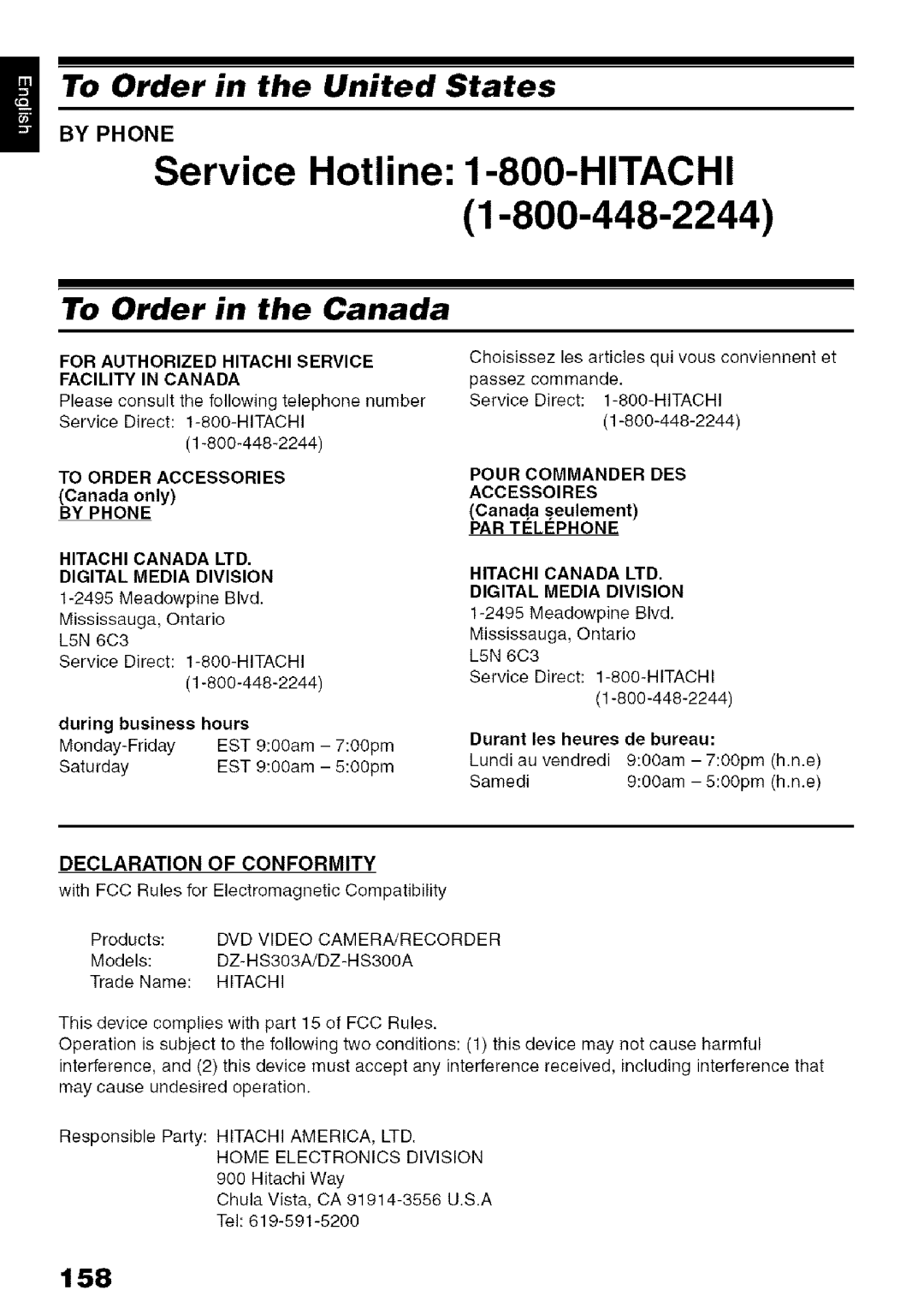 Hitachi DZ-HS3OOA instruction manual To Order in the United States, To Order in the Canada, 158, By Phone 