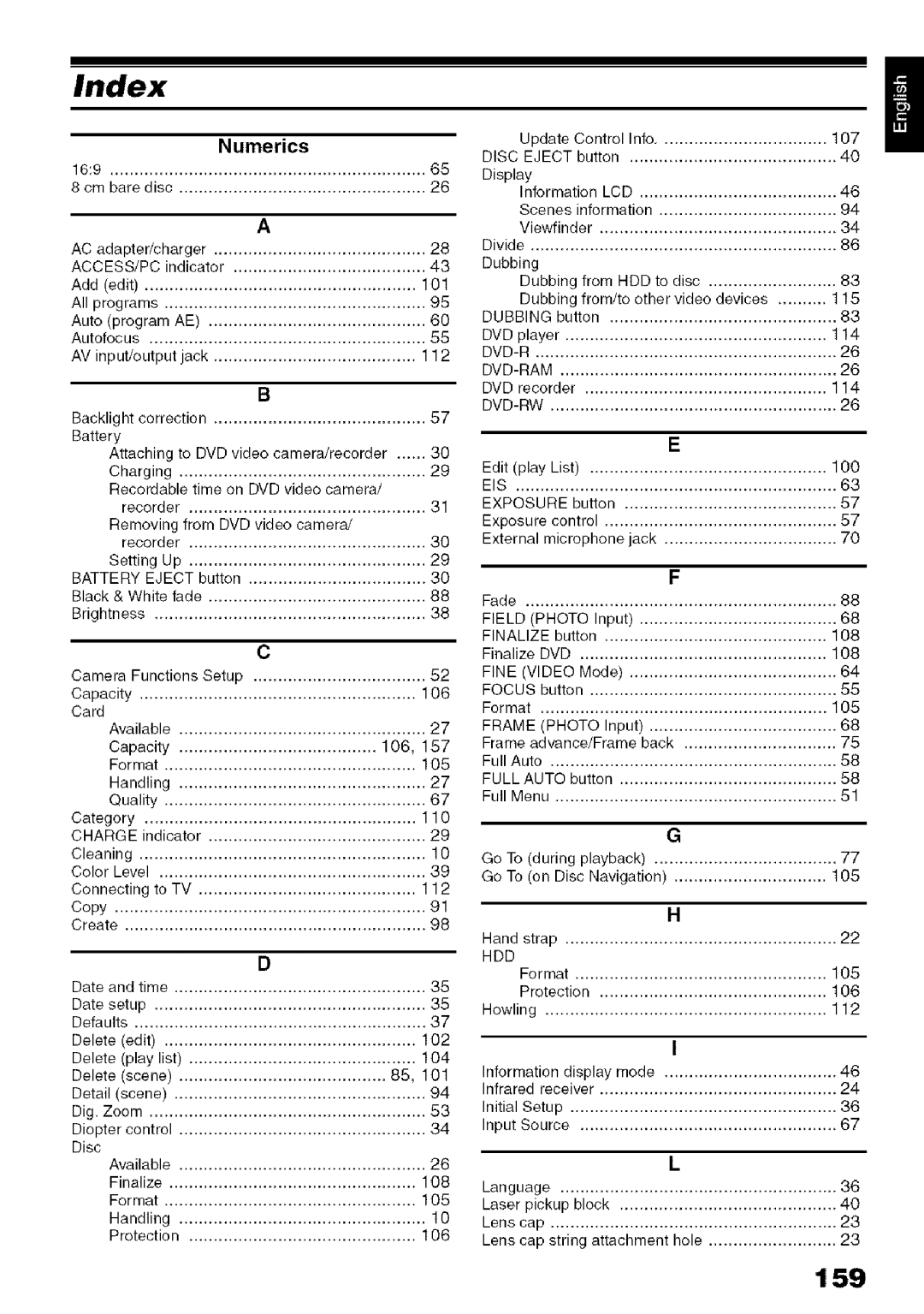 Hitachi DZ-HS3OOA instruction manual Index, 159 