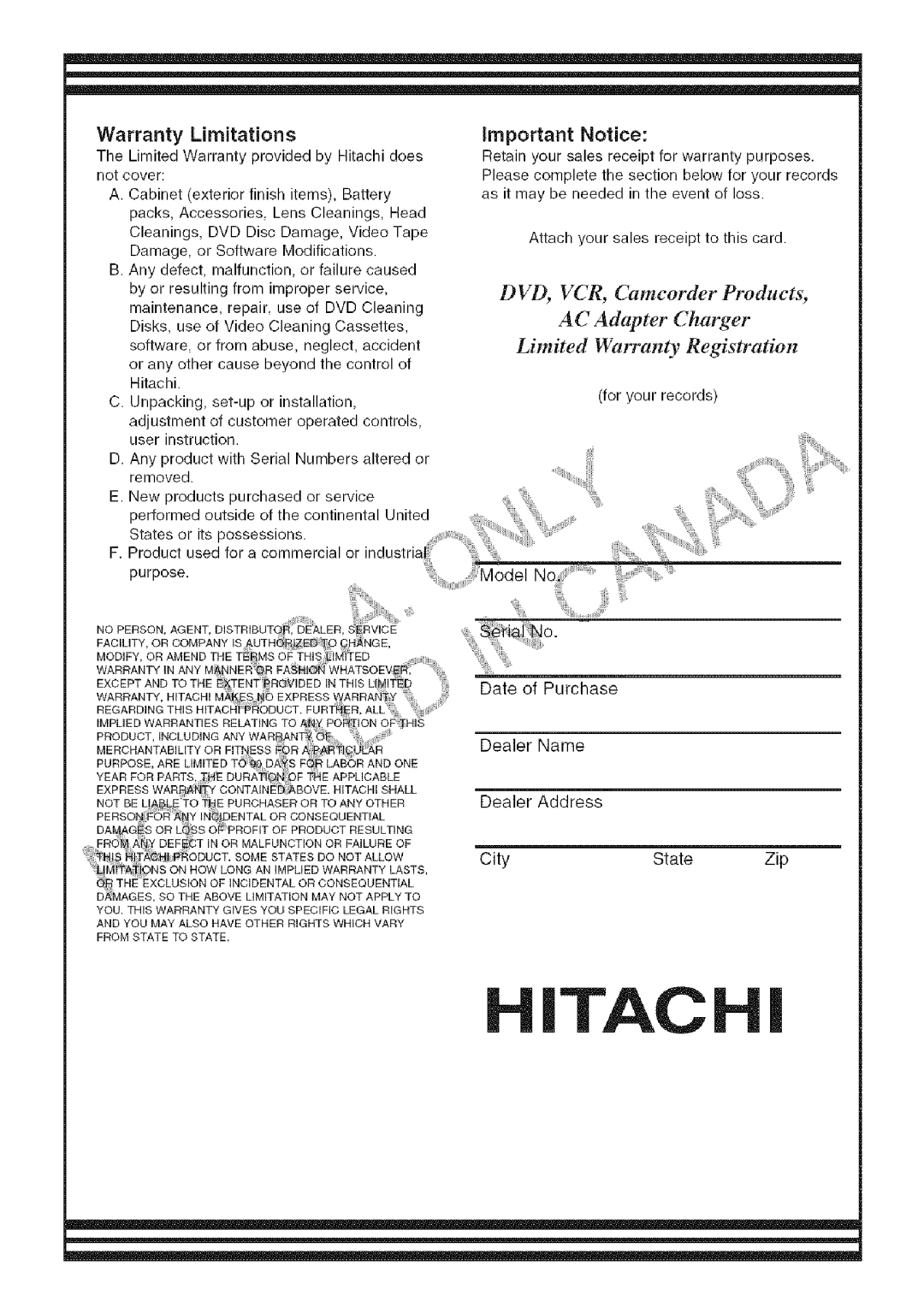 Hitachi DZ-HS3OOA instruction manual Tag 