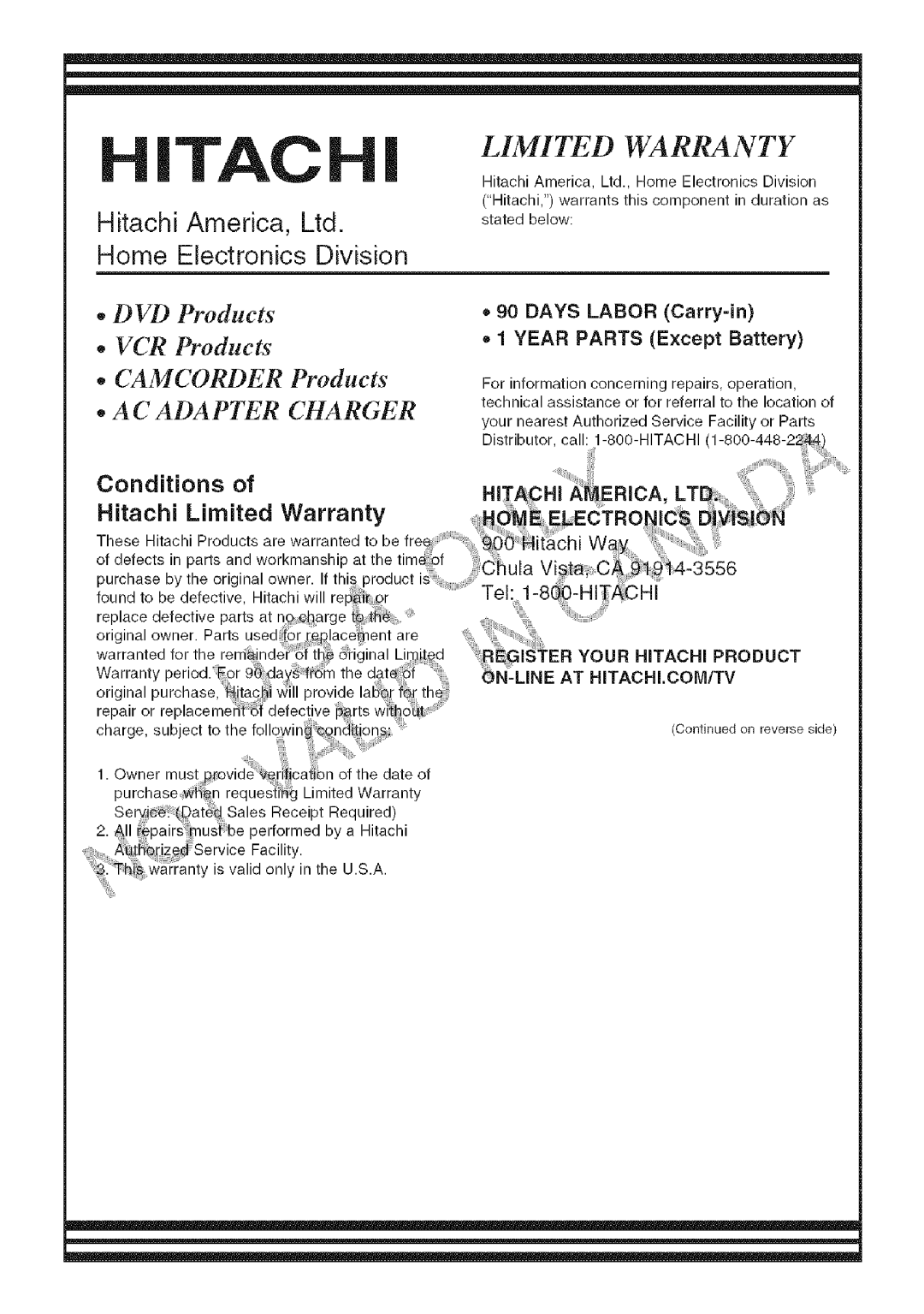 Hitachi DZ-HS3OOA instruction manual Conditions Hitachi Limited, Warranty 