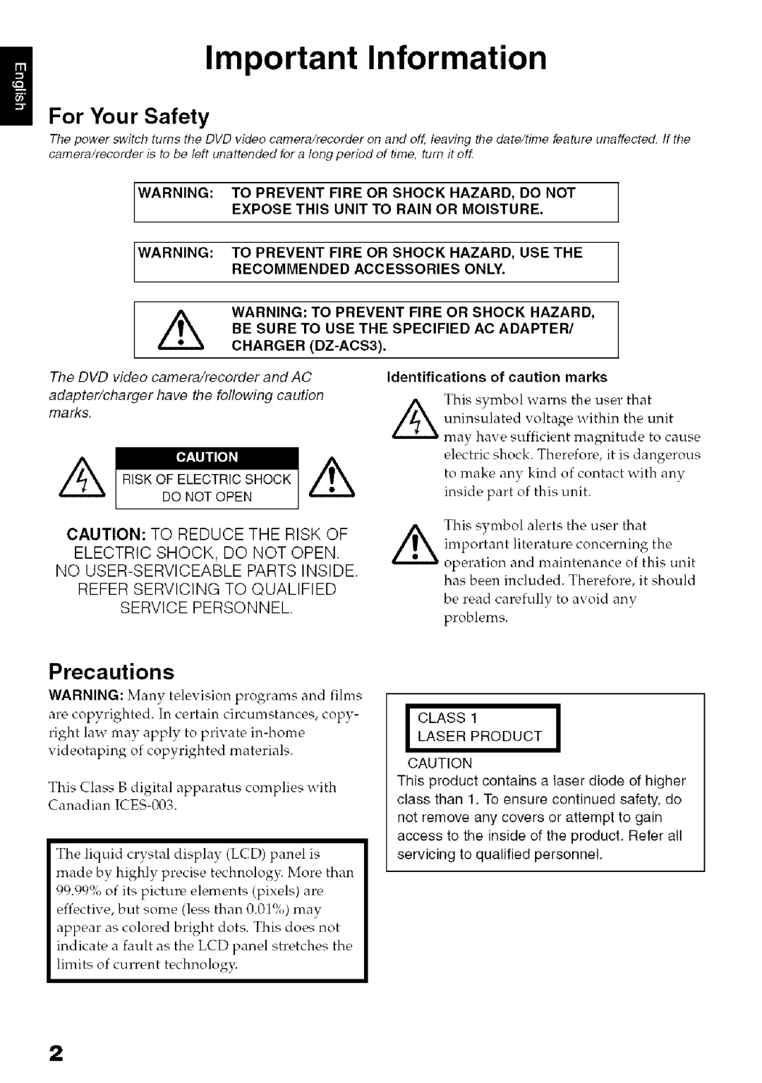 Hitachi DZ-HS3OOA instruction manual For Your Safety, Precautions, Identifications of caution marks 