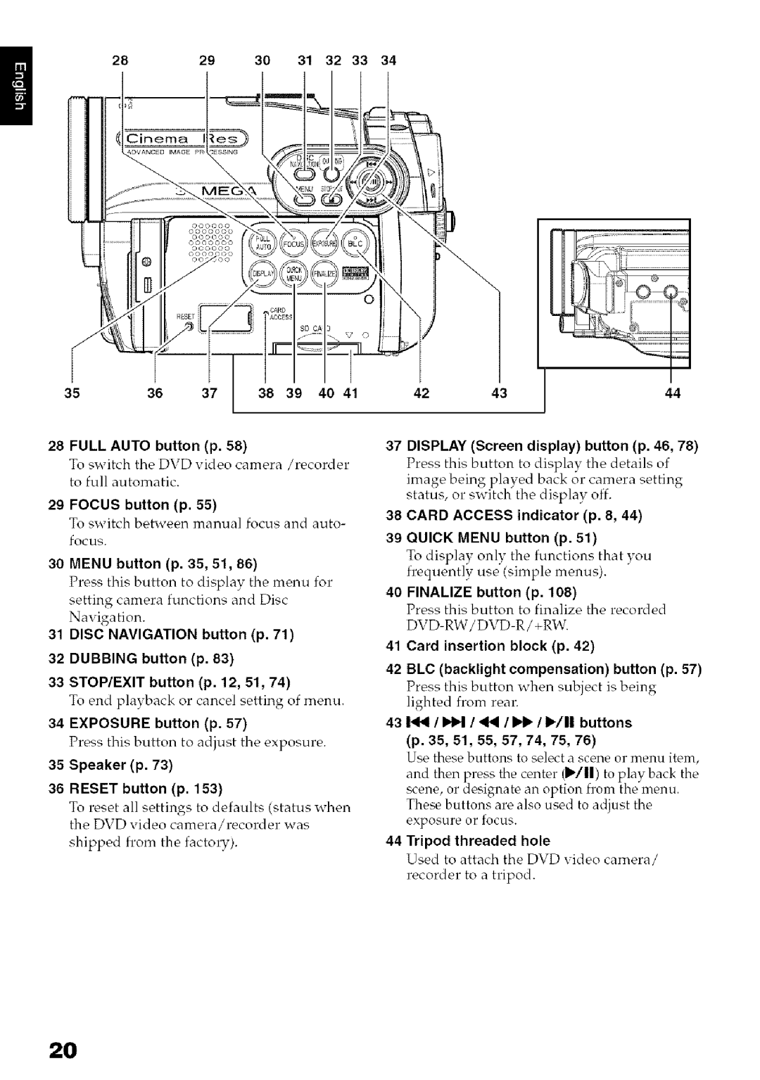 Hitachi DZ-HS3OOA Focus button p, Menu button p , 51,86, Speaker p Reset button p, Display Screen display button p 