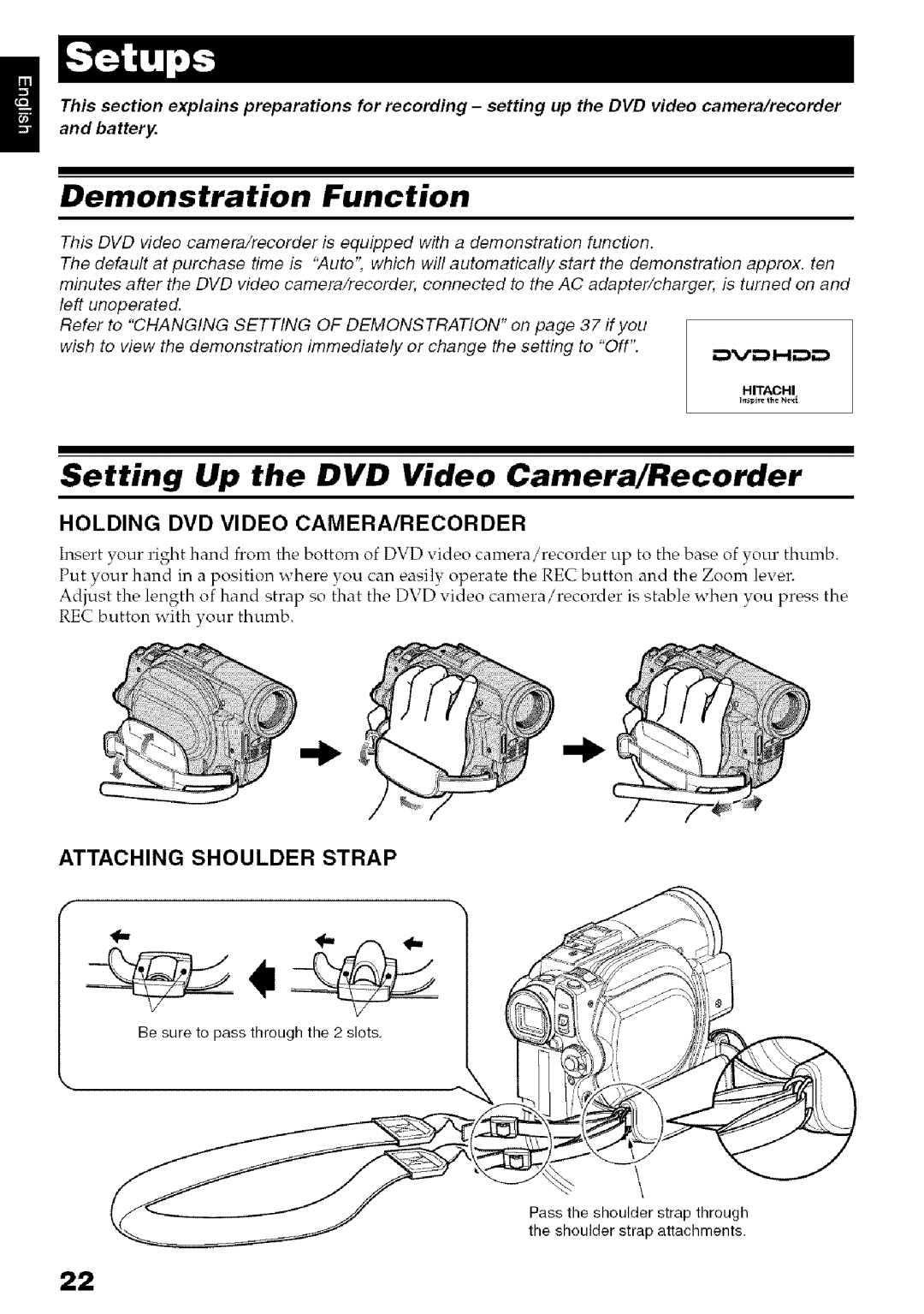 Hitachi DZ-HS3OOA Demonstration Function, Setting Up the DVD Video Camera/Recorder, Holding DVD Video CAMERA/RECORDER 