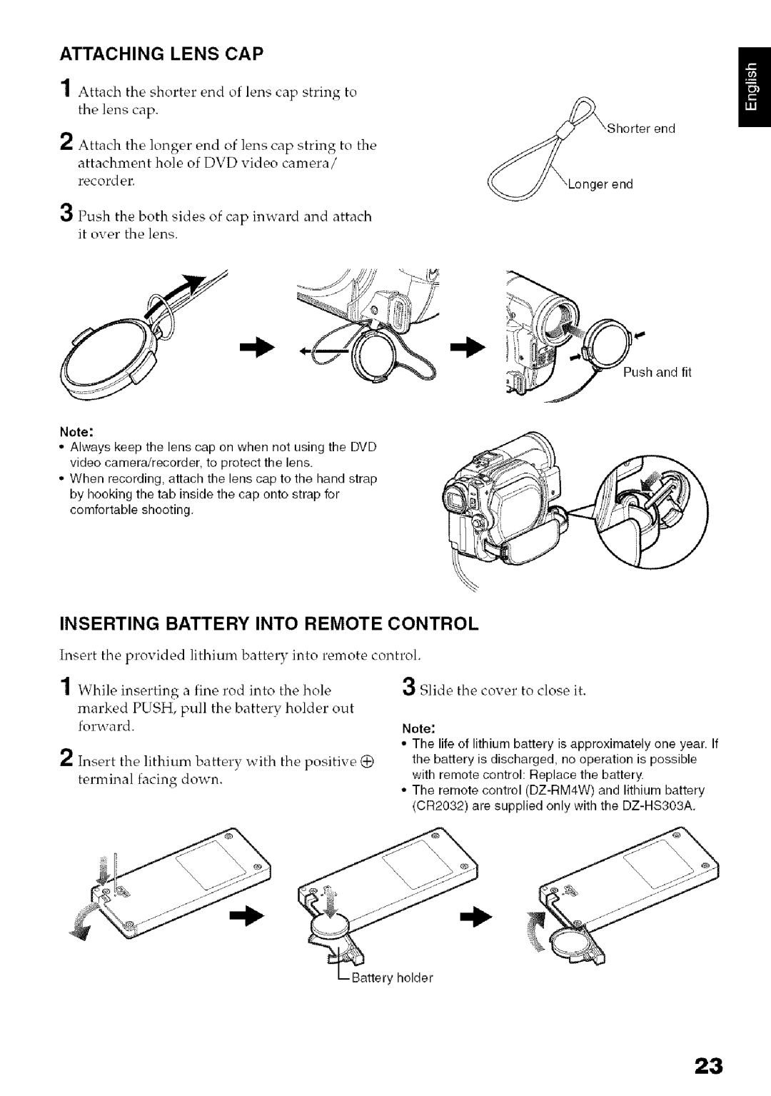 Hitachi DZ-HS3OOA instruction manual Attaching Lens CAP, Inserting Battery Into Remote Control 