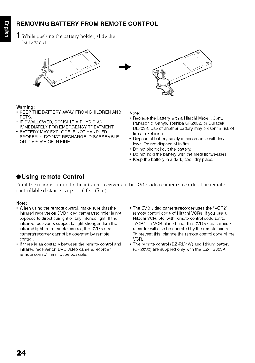 Hitachi DZ-HS3OOA instruction manual Removing Battery from Remote Control, Using remote Control 