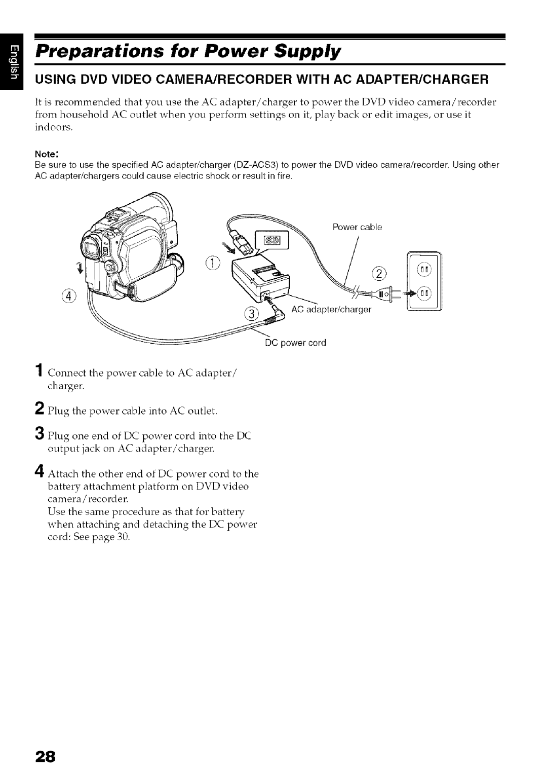 Hitachi DZ-HS3OOA instruction manual Preparations for Power Supply, Using DVD Video CAMERA/RECORDER with AC ADAPTER/CHARGER 