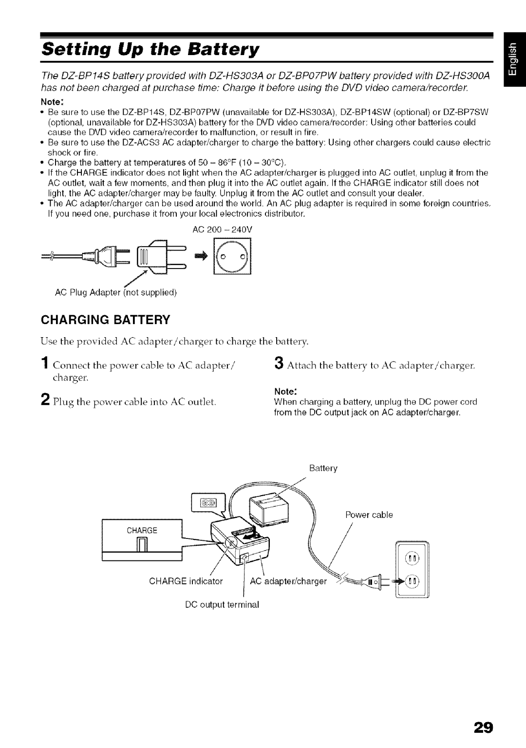 Hitachi DZ-HS3OOA instruction manual Setting Up the Battery, Charging Battery 